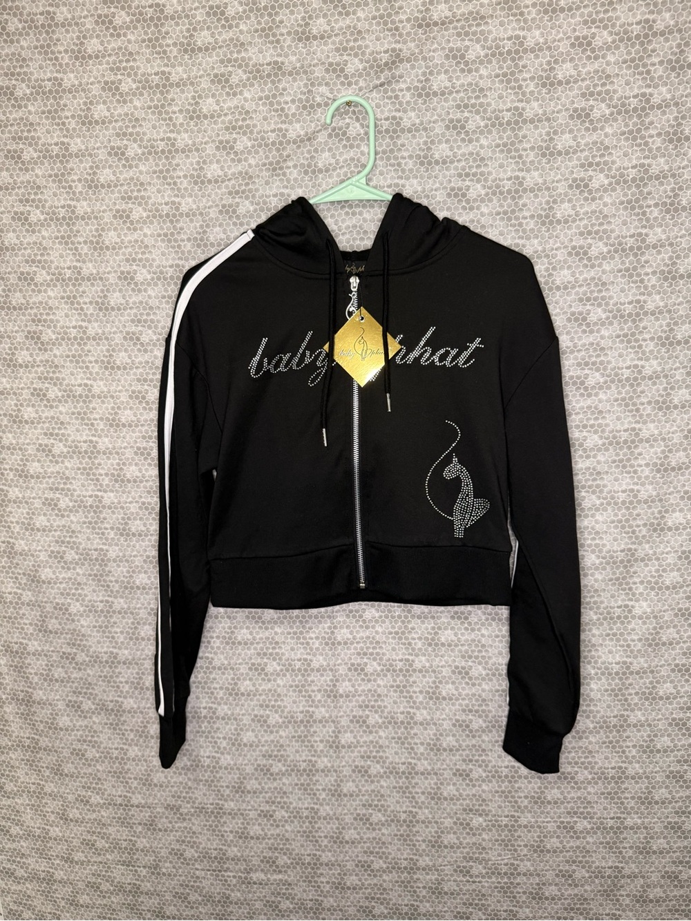 Baby Phat Black Cropped Zip Hoodie with Crystal Logo Size Medium
